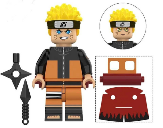 Highly detailed Lego-style Naruto figure featuring the iconic orange jumpsuit, headband, and Naruto Uzumaki's determined expression, perfect for fans of the series and collectors.
